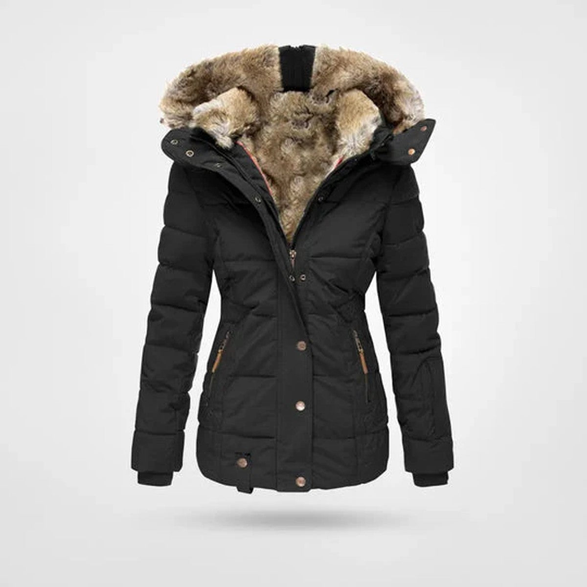 Quilted Puffer Winter Parka Coat with Fleece Lined Hood and Pockets
