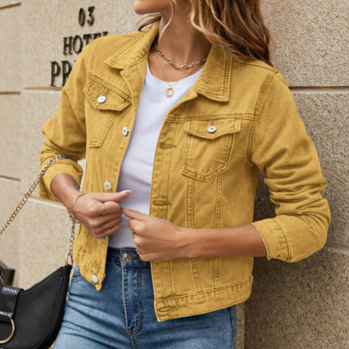 Classic Button Down Denim Jacket with Point Collar and Chest Pockets