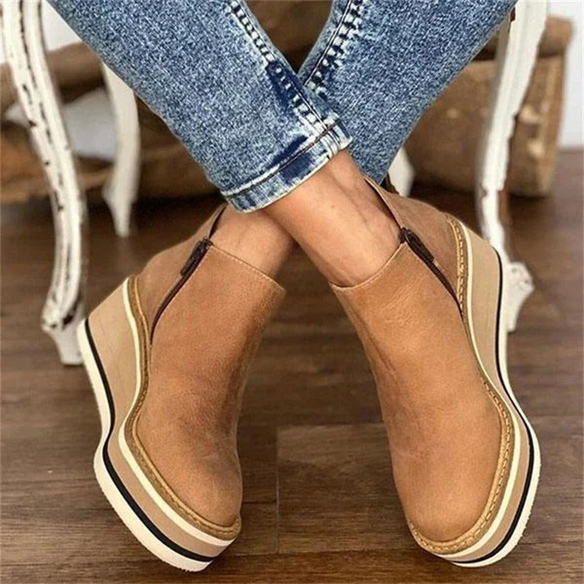 Lace Up Wedge Ankle Booties with Plush Faux Fur Collar and Platform Sole