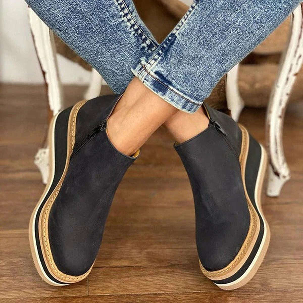 Lace Up Wedge Ankle Booties with Plush Faux Fur Collar and Platform Sole