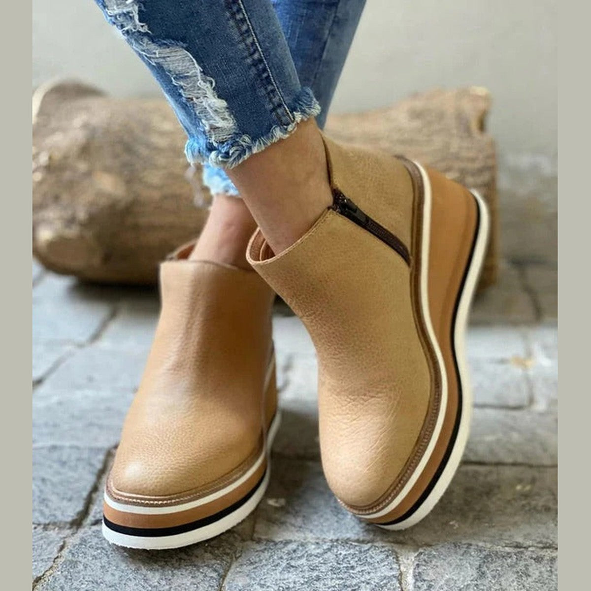 Lace Up Wedge Ankle Booties with Plush Faux Fur Collar and Platform Sole