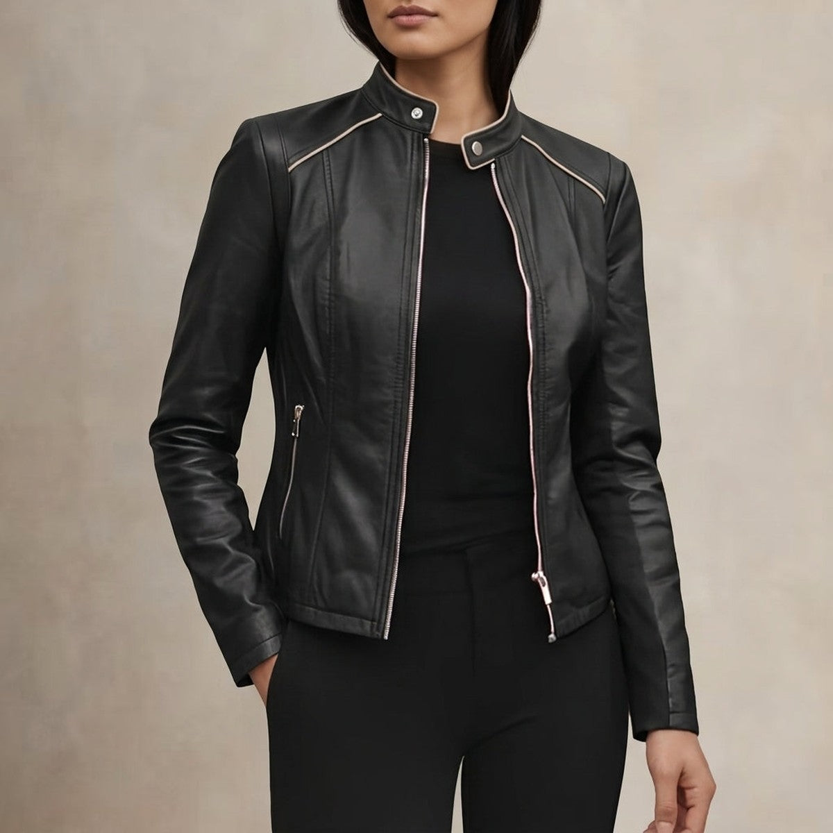 Women's Slim Fit Leather Moto Jacket with Asymmetrical Front Zipper