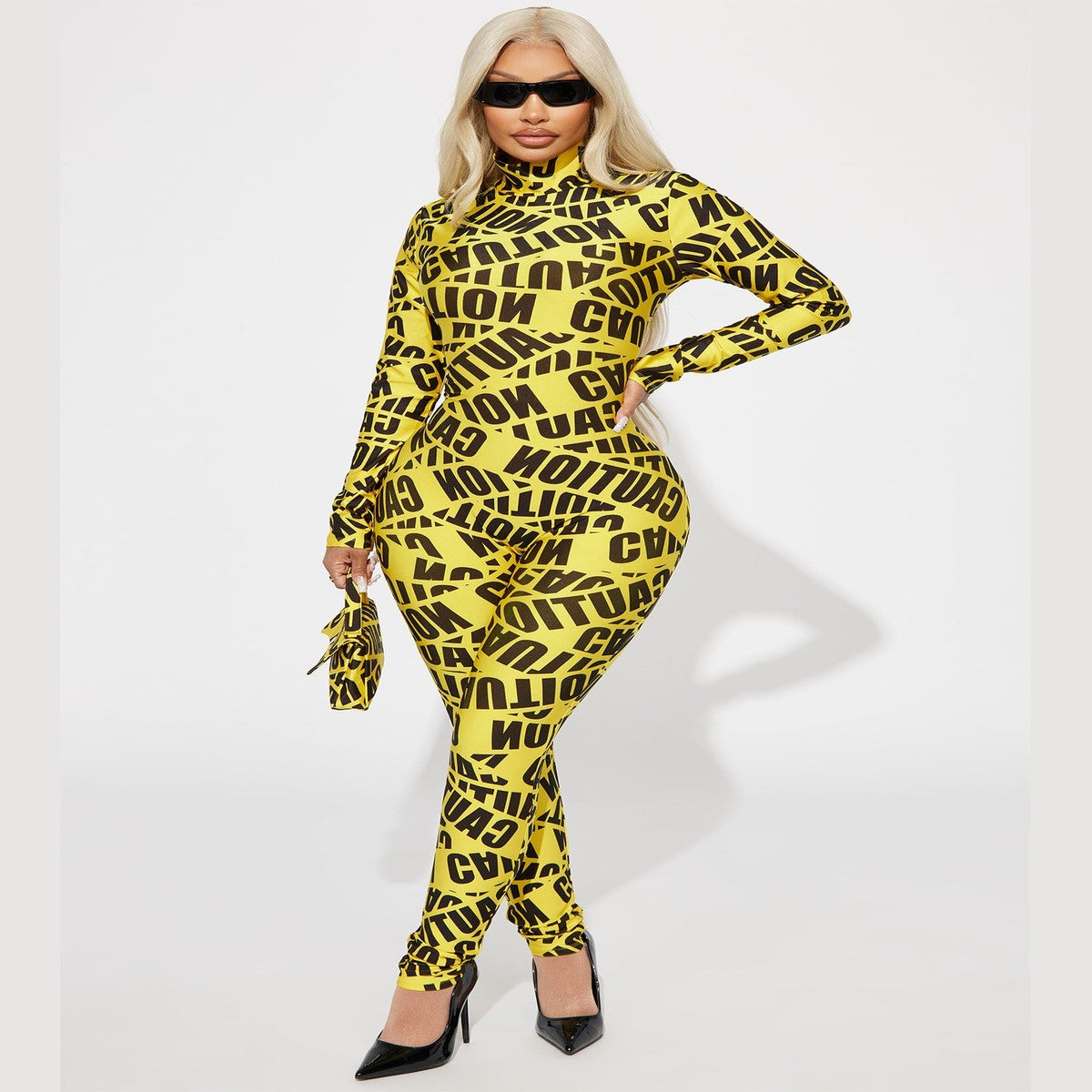 Three Piece Caution Costume with Cropped Top and High Waisted Shorts, Neck Accessory