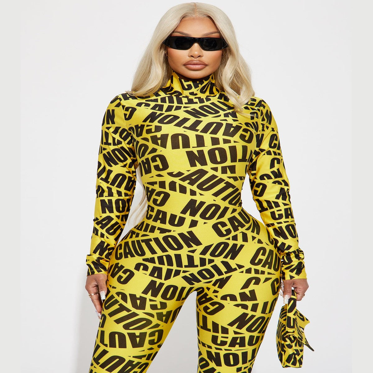 Three Piece Caution Costume with Cropped Top and High Waisted Shorts, Neck Accessory