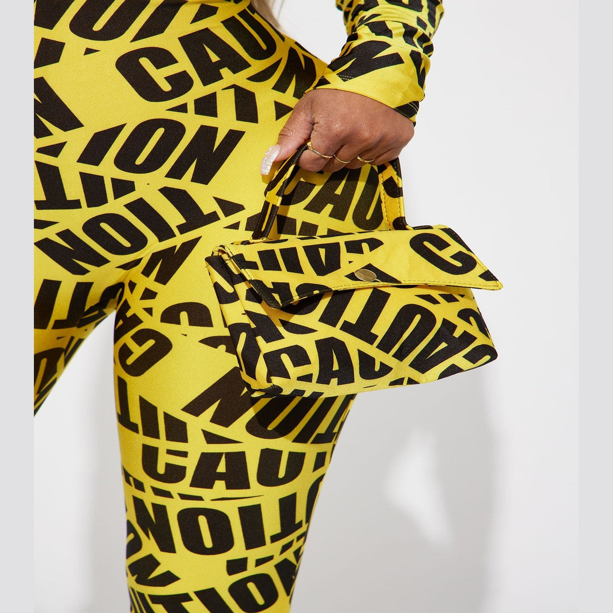 Three Piece Caution Costume with Cropped Top and High Waisted Shorts, Neck Accessory