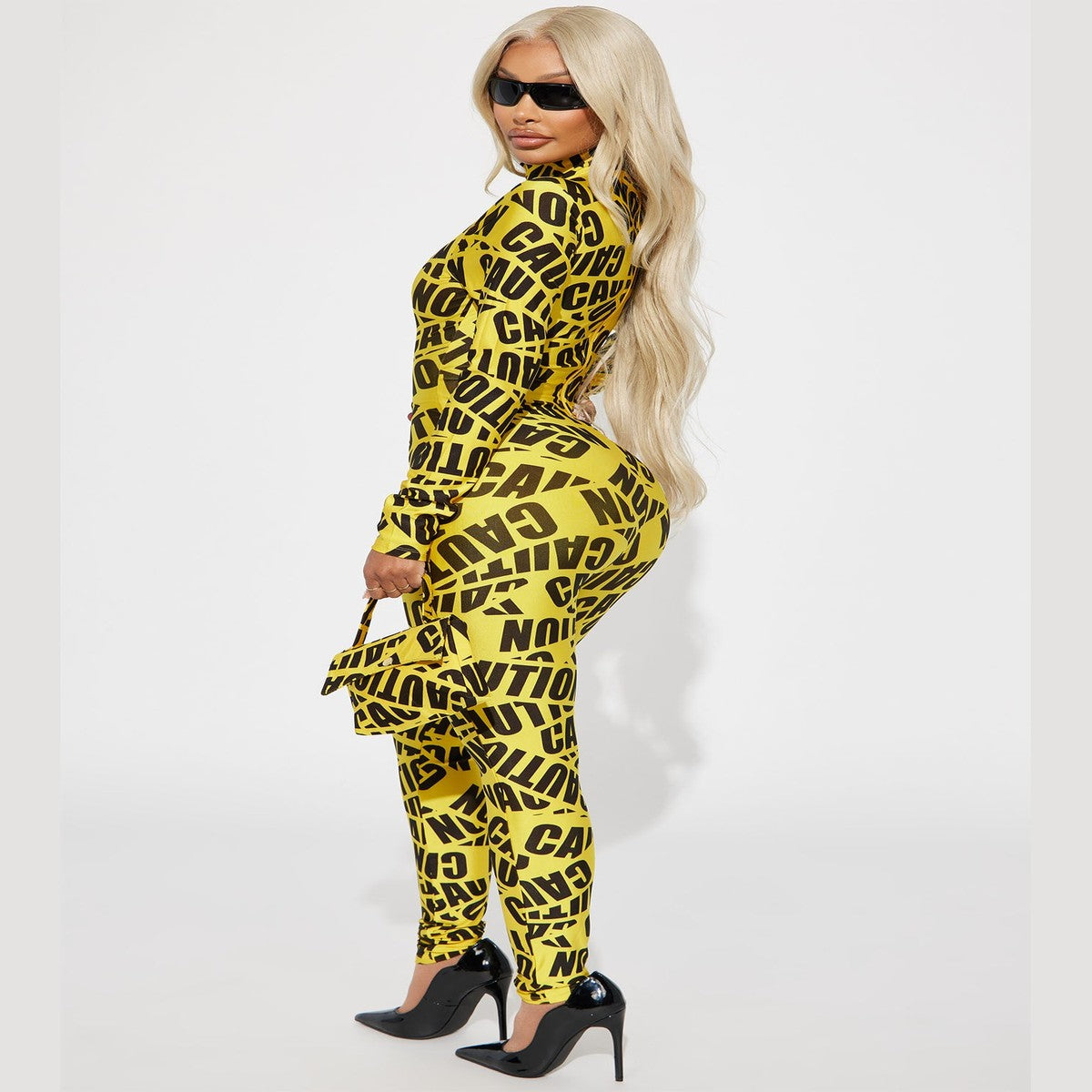 Three Piece Caution Costume with Cropped Top and High Waisted Shorts, Neck Accessory