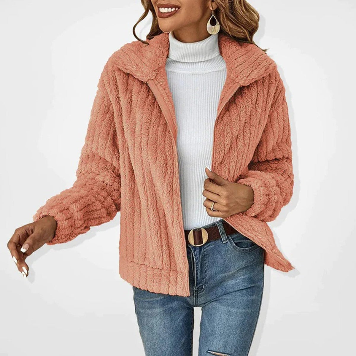 Women Fluffy Sherpa Hooded Longline Coat with Toggle Buttons and Pockets