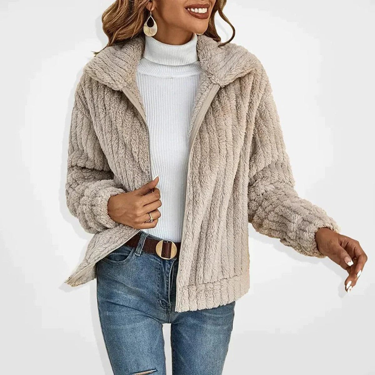 Women Fluffy Sherpa Hooded Longline Coat with Toggle Buttons and Pockets