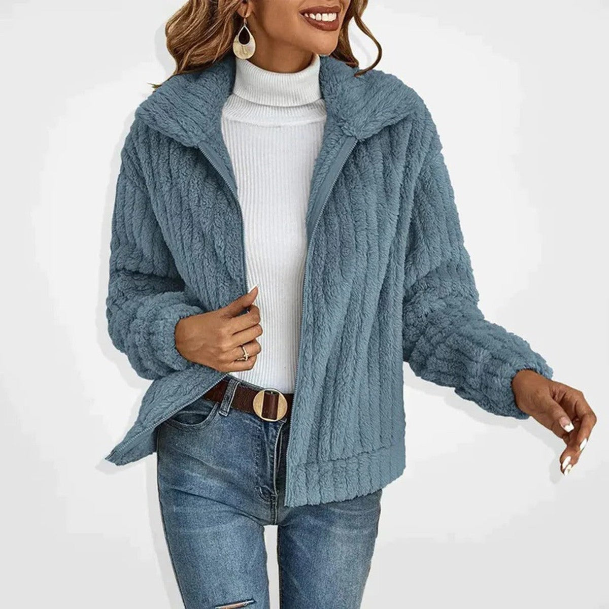 Women Fluffy Sherpa Hooded Longline Coat with Toggle Buttons and Pockets