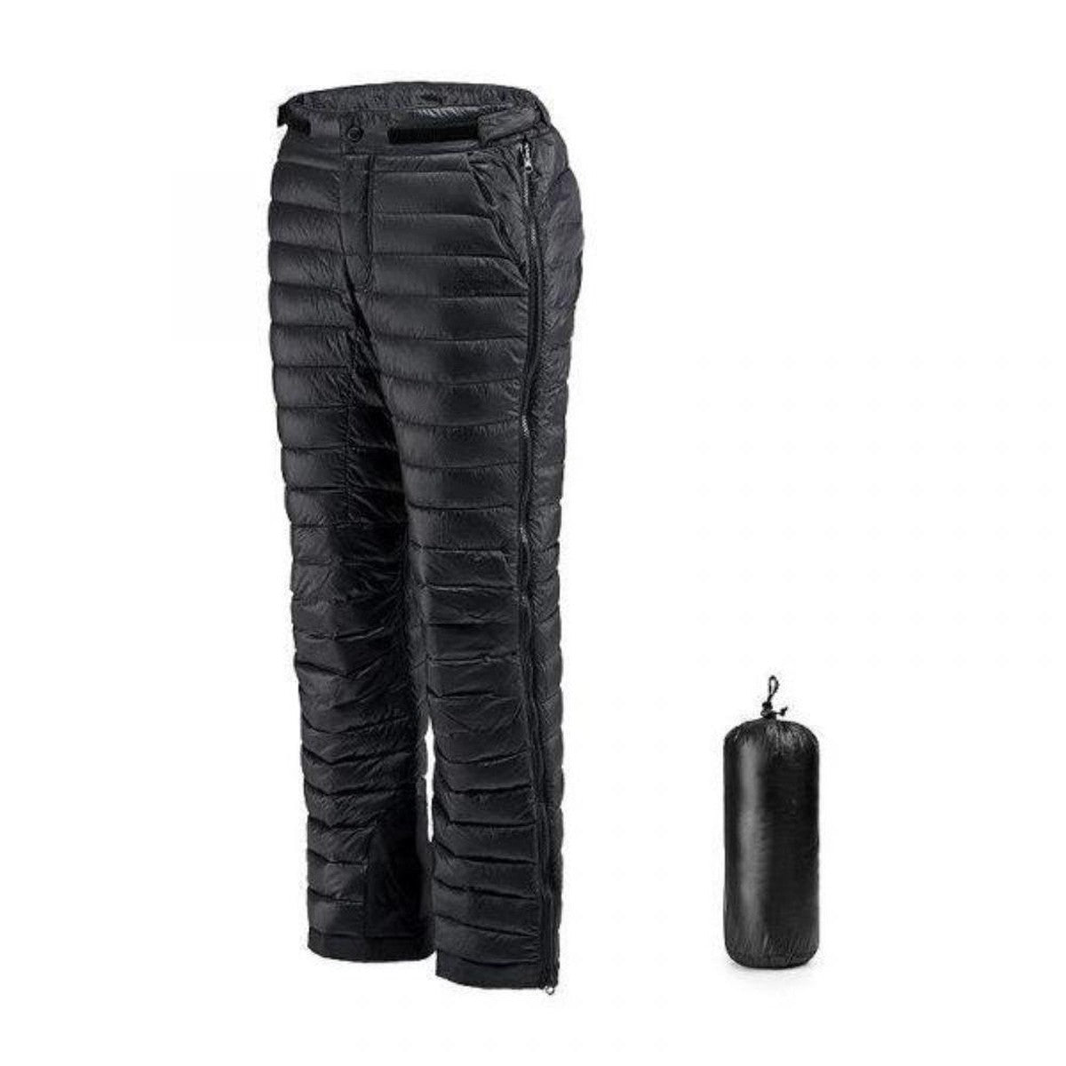 Insulated Goose Down Winter Pants with Full Side Zippers for Cold Weather Camping
