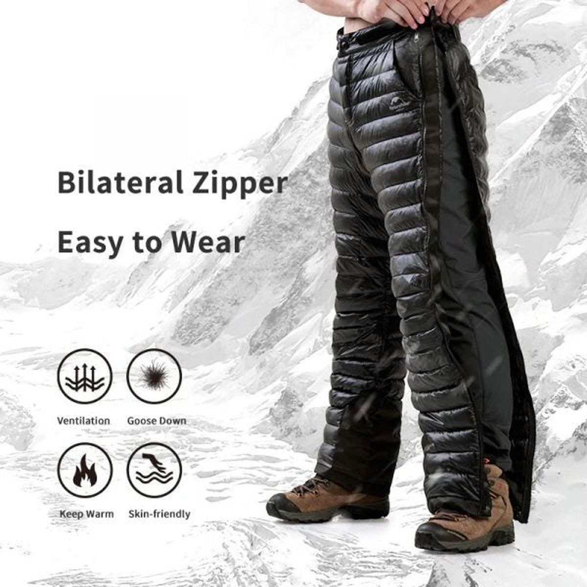 Insulated Goose Down Winter Pants with Full Side Zippers for Cold Weather Camping
