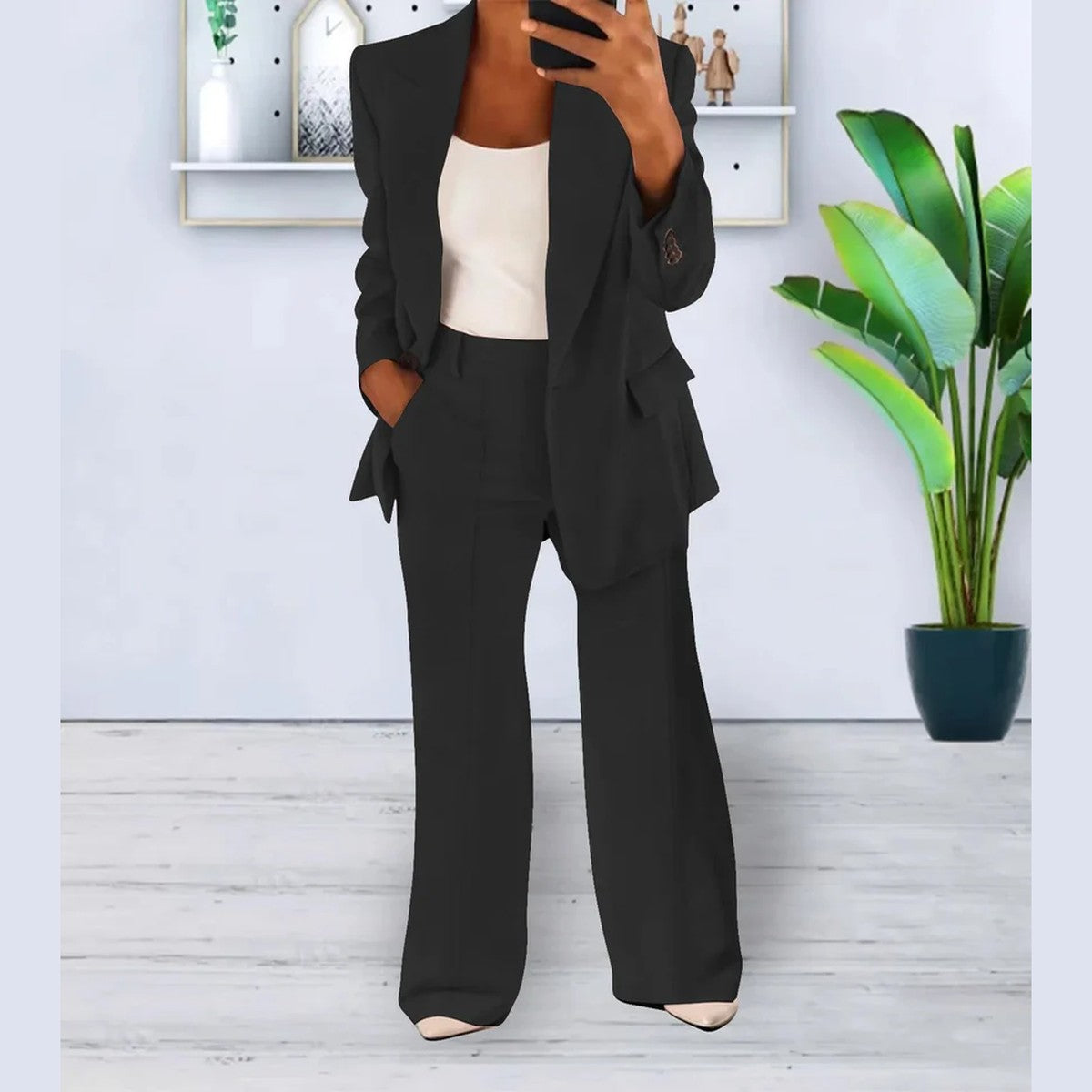 Women Two Piece Casual Outfit Set with Button Front Blouse and Wide Leg Trousers