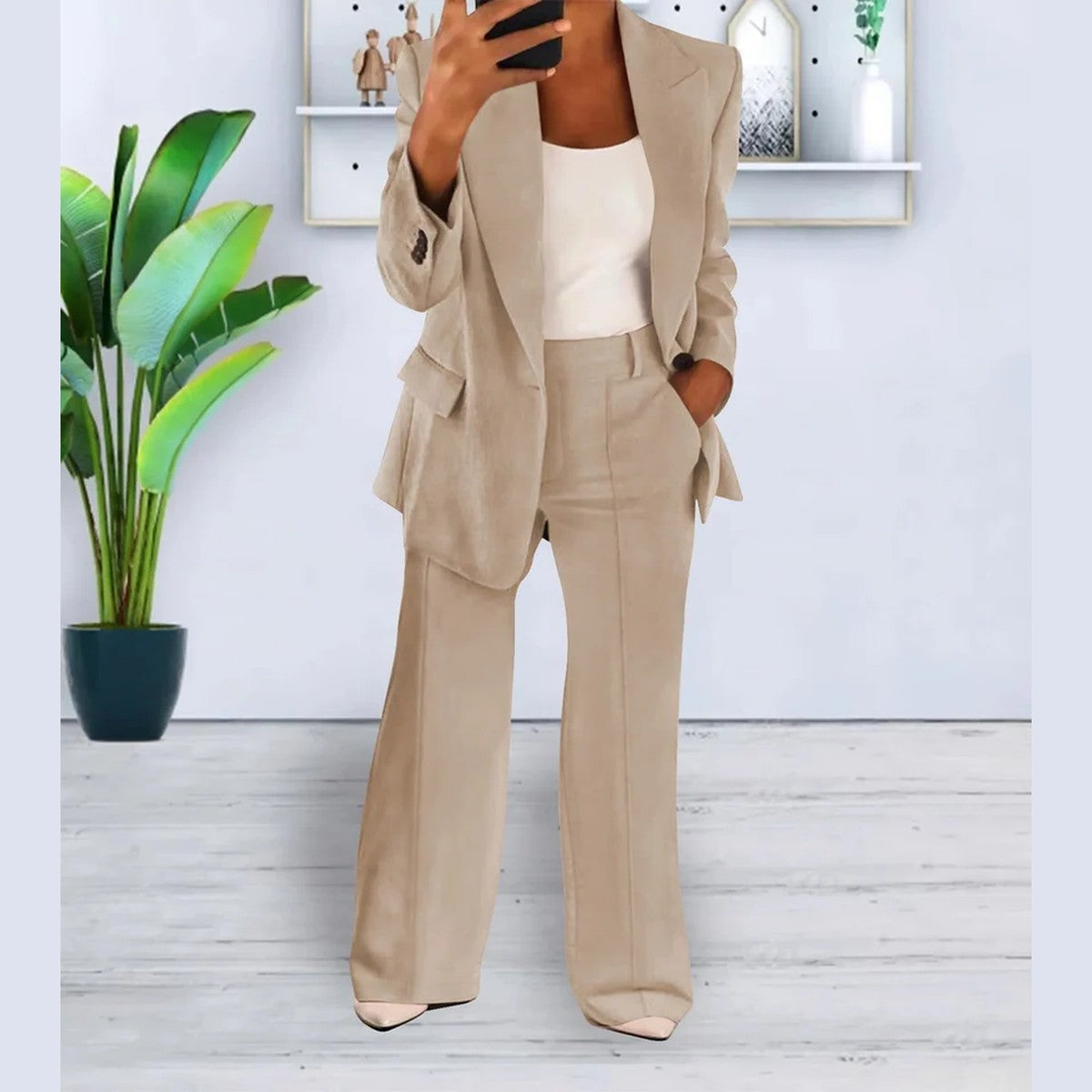 Women Two Piece Casual Outfit Set with Button Front Blouse and Wide Leg Trousers
