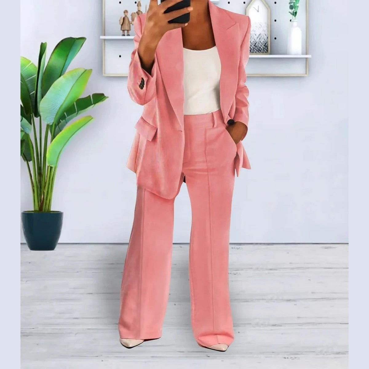Women Two Piece Casual Outfit Set with Button Front Blouse and Wide Leg Trousers