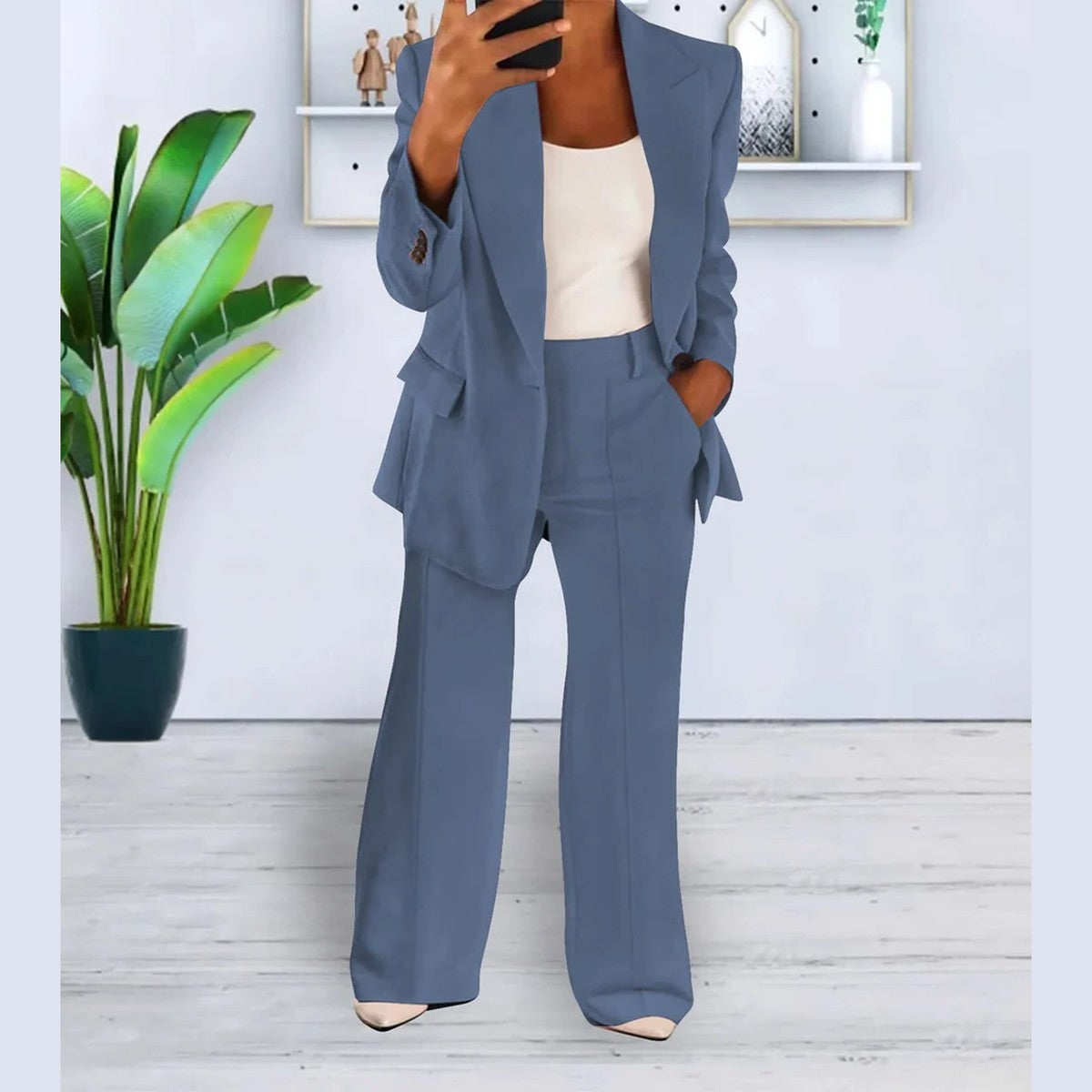 Women Two Piece Casual Outfit Set with Button Front Blouse and Wide Leg Trousers