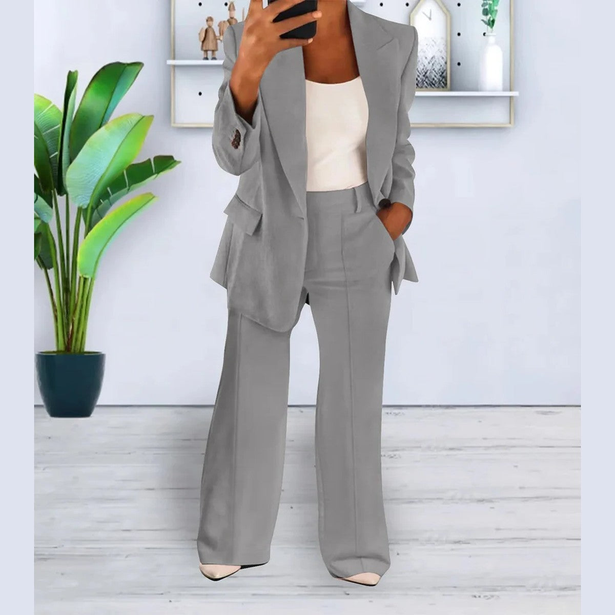 Women Two Piece Casual Outfit Set with Button Front Blouse and Wide Leg Trousers