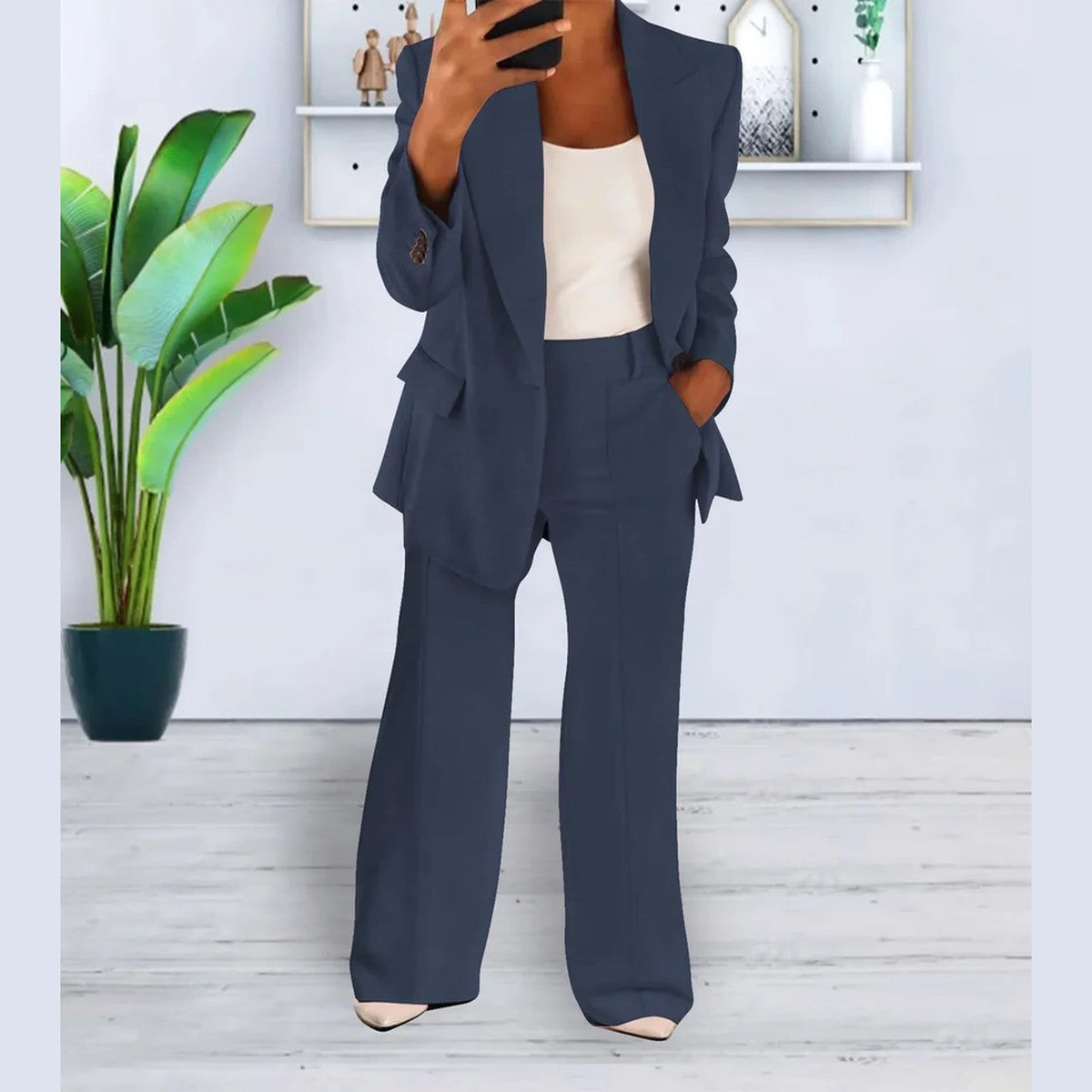 Women Two Piece Casual Outfit Set with Button Front Blouse and Wide Leg Trousers
