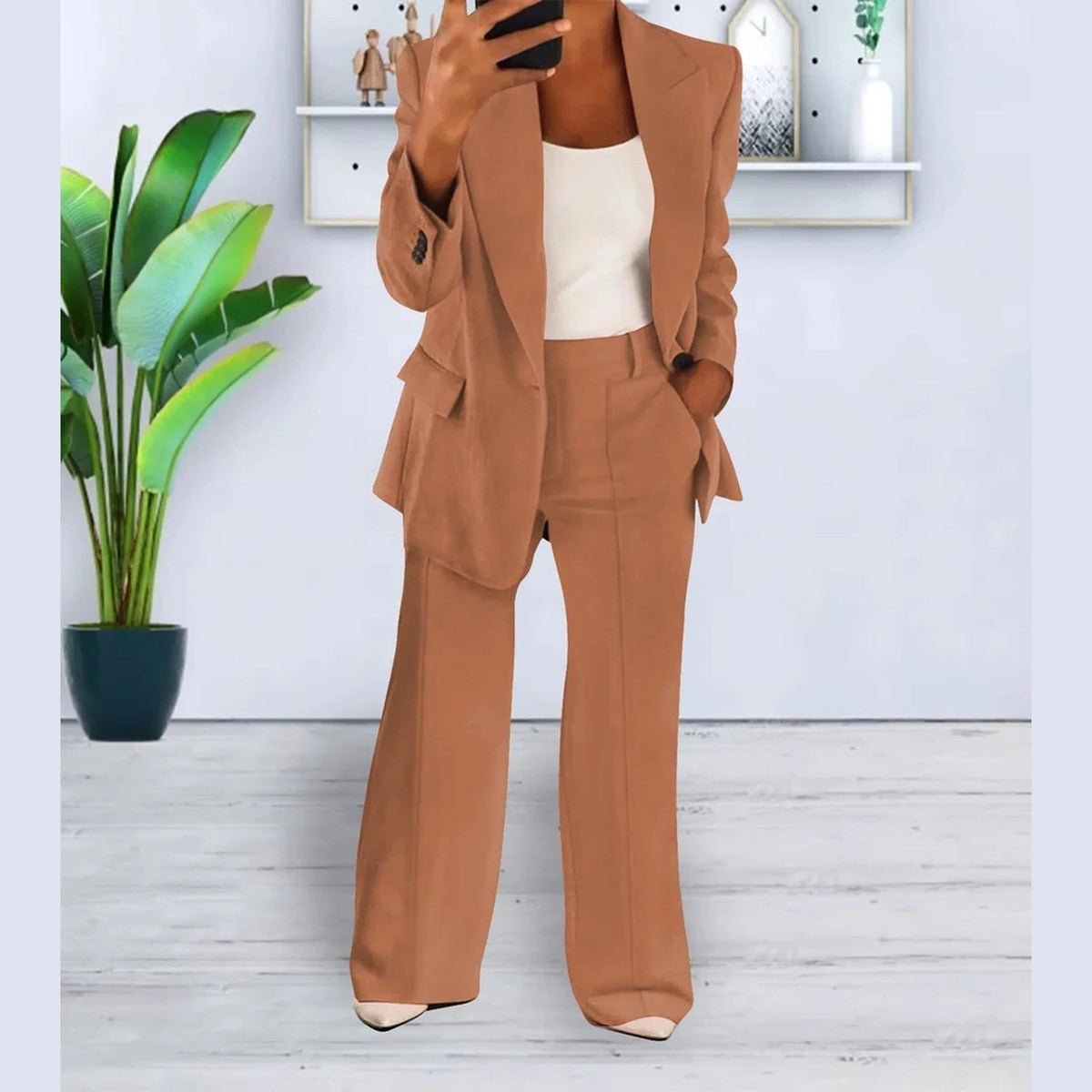 Women Two Piece Casual Outfit Set with Button Front Blouse and Wide Leg Trousers