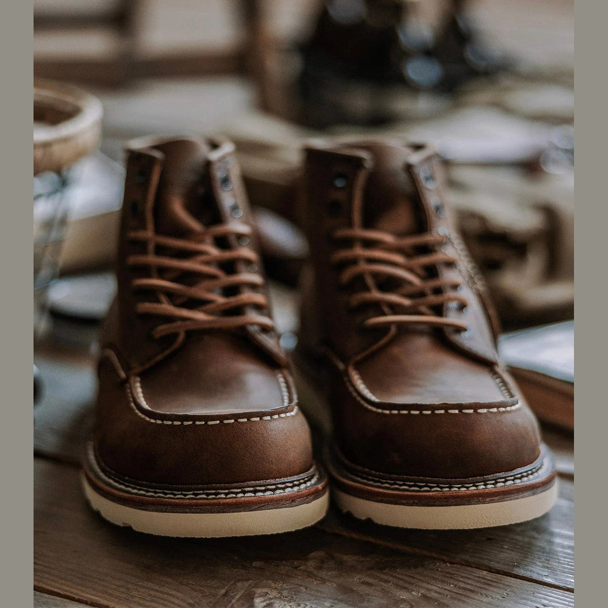 Classic Ankle Work Boots with Wedge Sole and Lace Up Moc Toe Design