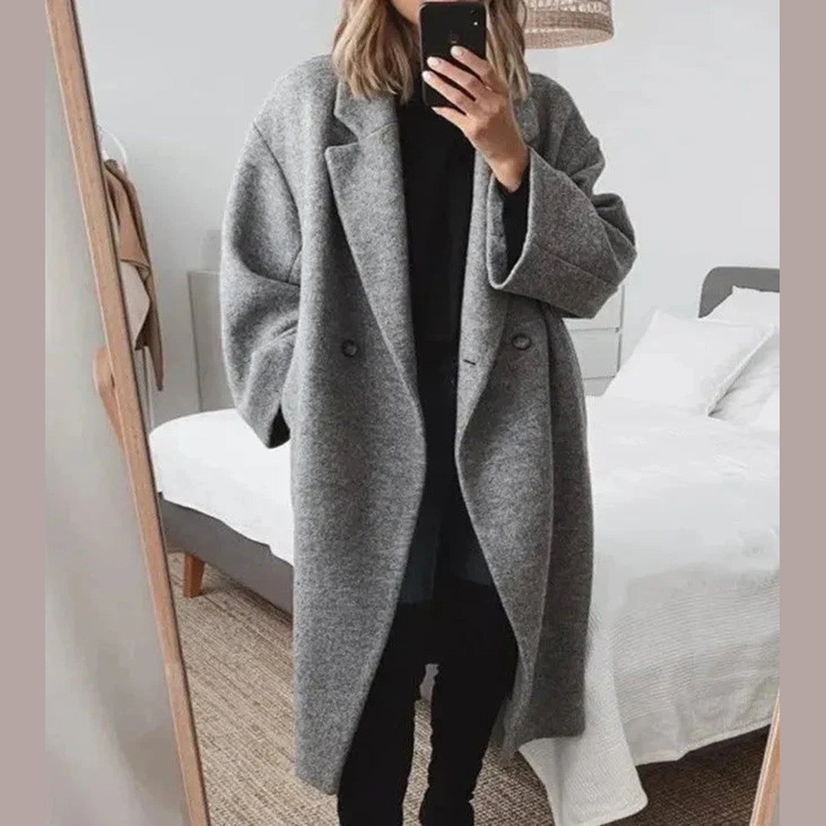 Long Cashmere Trench Coat with Notched Lapels and Belt