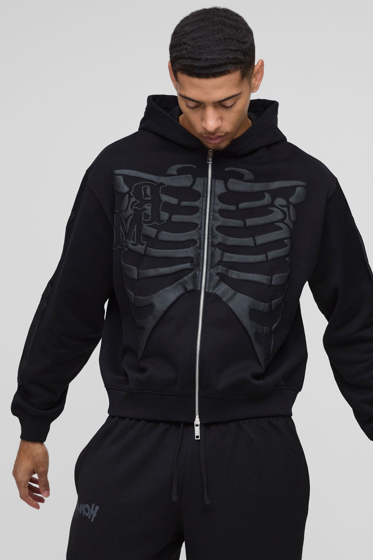 Graphic Full Zip Sweatshirt with Puff Printed Skeleton Design and Drawstring Hood
