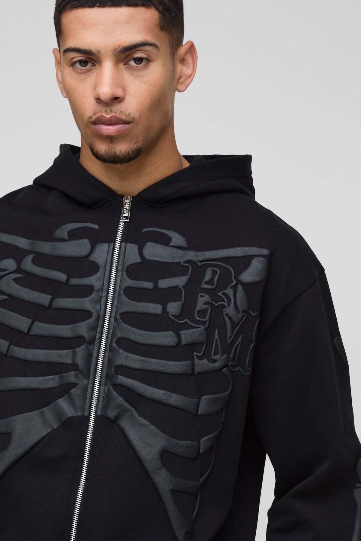Graphic Full Zip Sweatshirt with Puff Printed Skeleton Design and Drawstring Hood