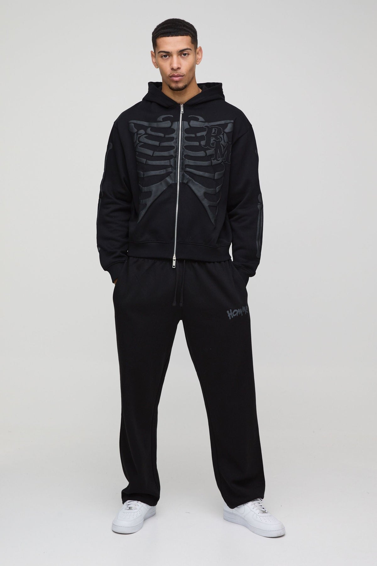 Graphic Full Zip Sweatshirt with Puff Printed Skeleton Design and Drawstring Hood