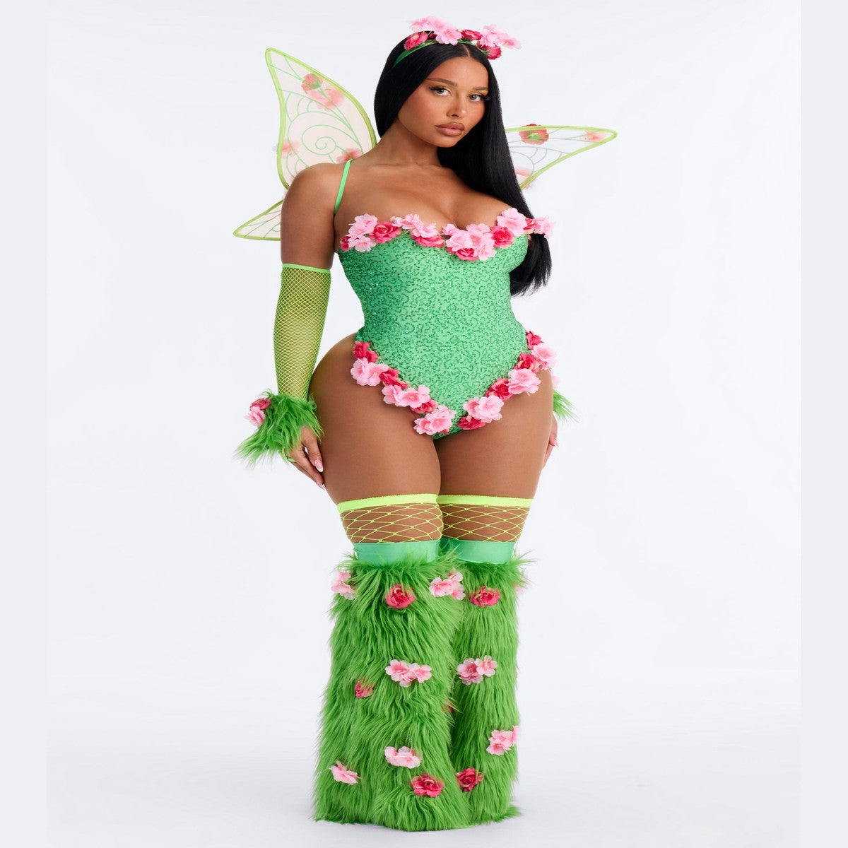 Green Fairy Costume Set with Corset Top and Skirt, Seven Pieces