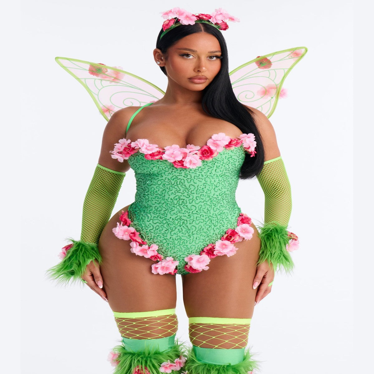 Green Fairy Costume Set with Corset Top and Skirt, Seven Pieces