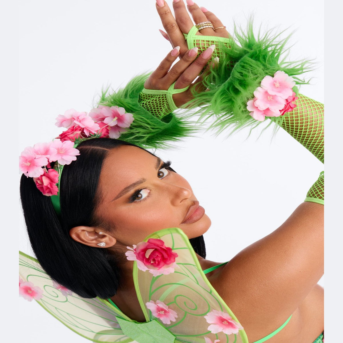 Green Fairy Costume Set with Corset Top and Skirt, Seven Pieces