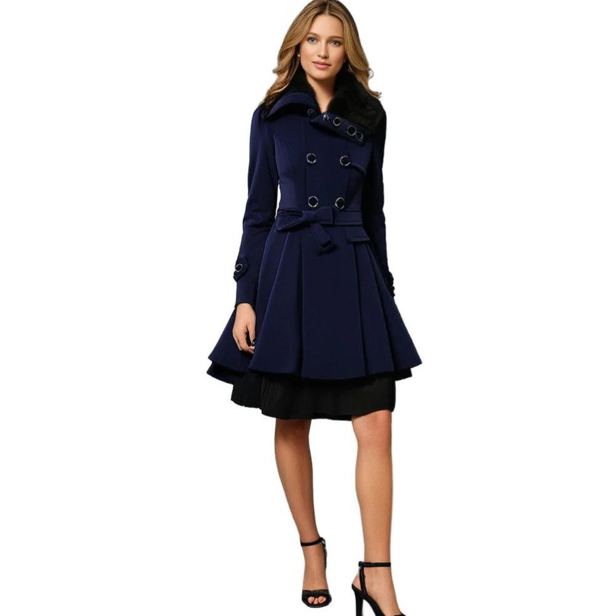 Women Hooded Long Down Jacket with Faux Fur Trim and Puffer Quilted Lining