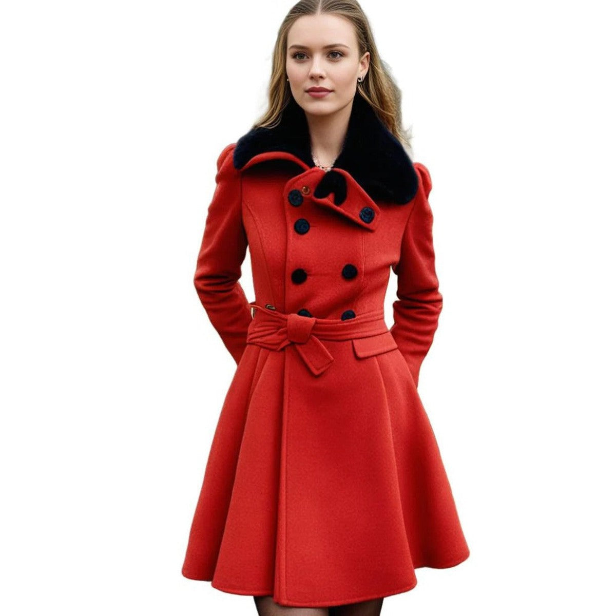 Women Hooded Long Down Jacket with Faux Fur Trim and Puffer Quilted Lining