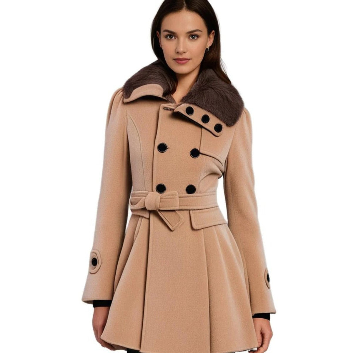 Women Hooded Long Down Jacket with Faux Fur Trim and Puffer Quilted Lining