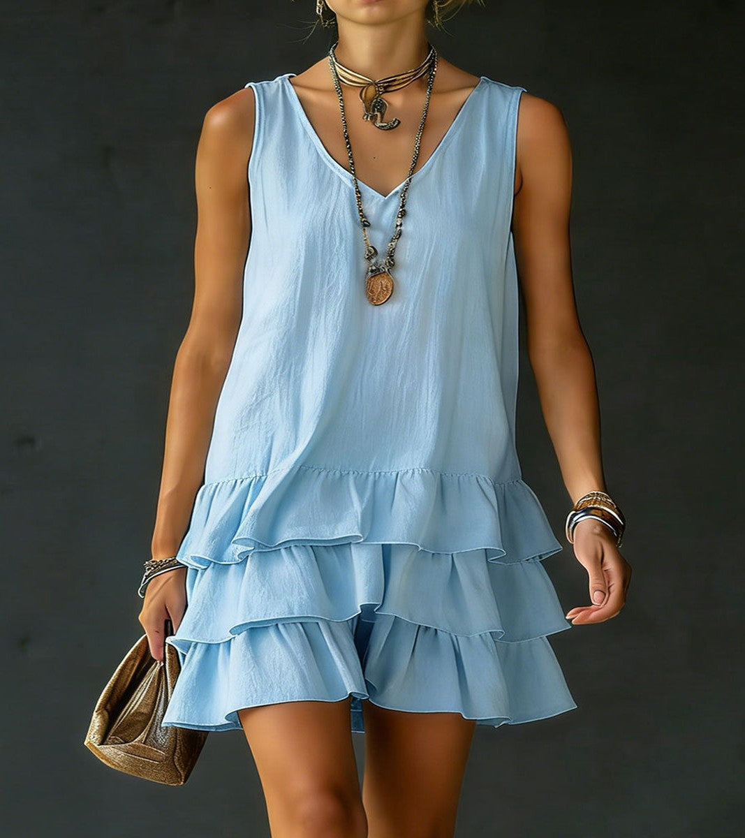 Sleeveless Floral Halter Neck Mini Dress with Tiered Ruffle Hem