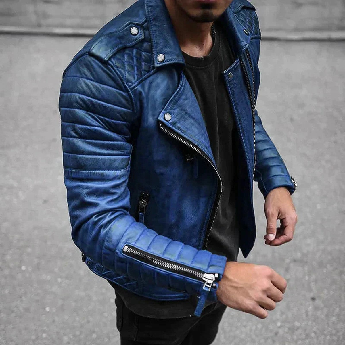Men Leather Biker Jacket with Removable Drawstring Hood and Zip Pockets