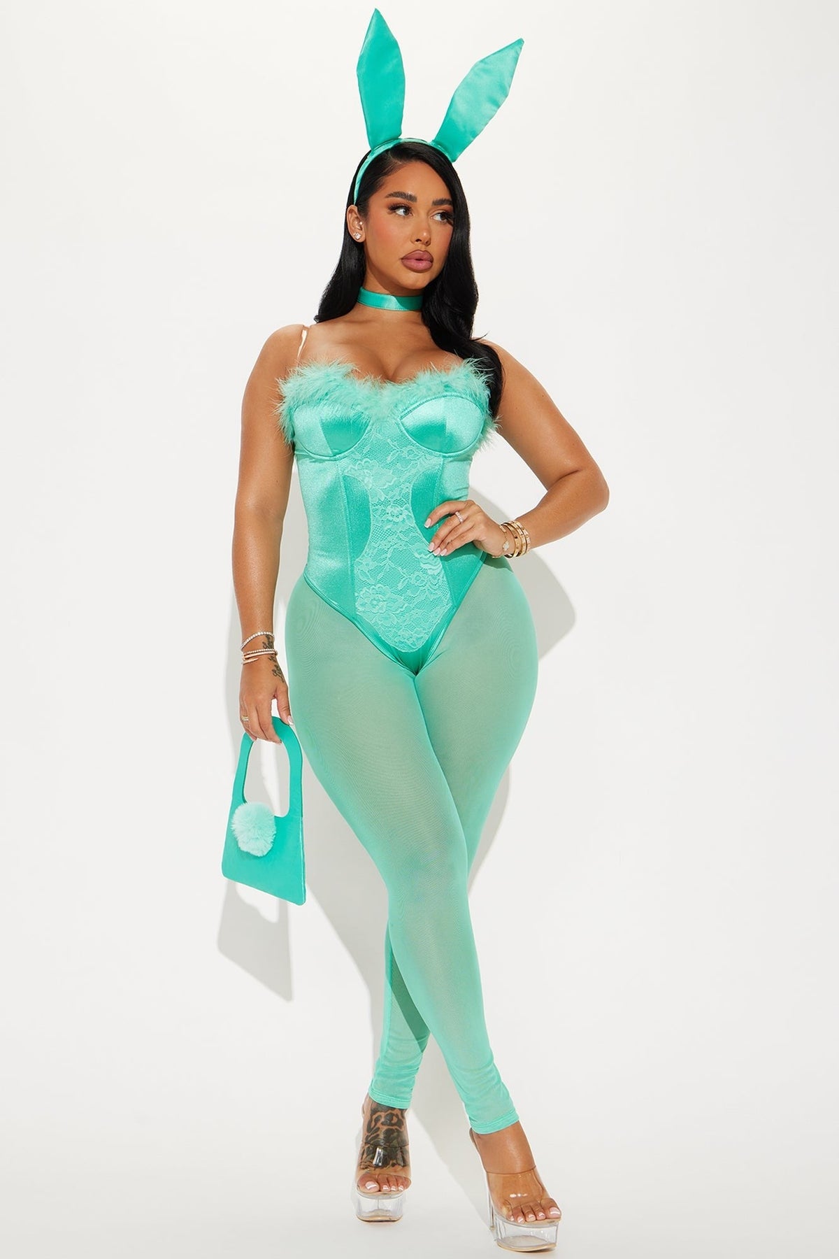 Womens Strapless Bunny Bodysuit Costume with Matching Ears Headband and Bowtie