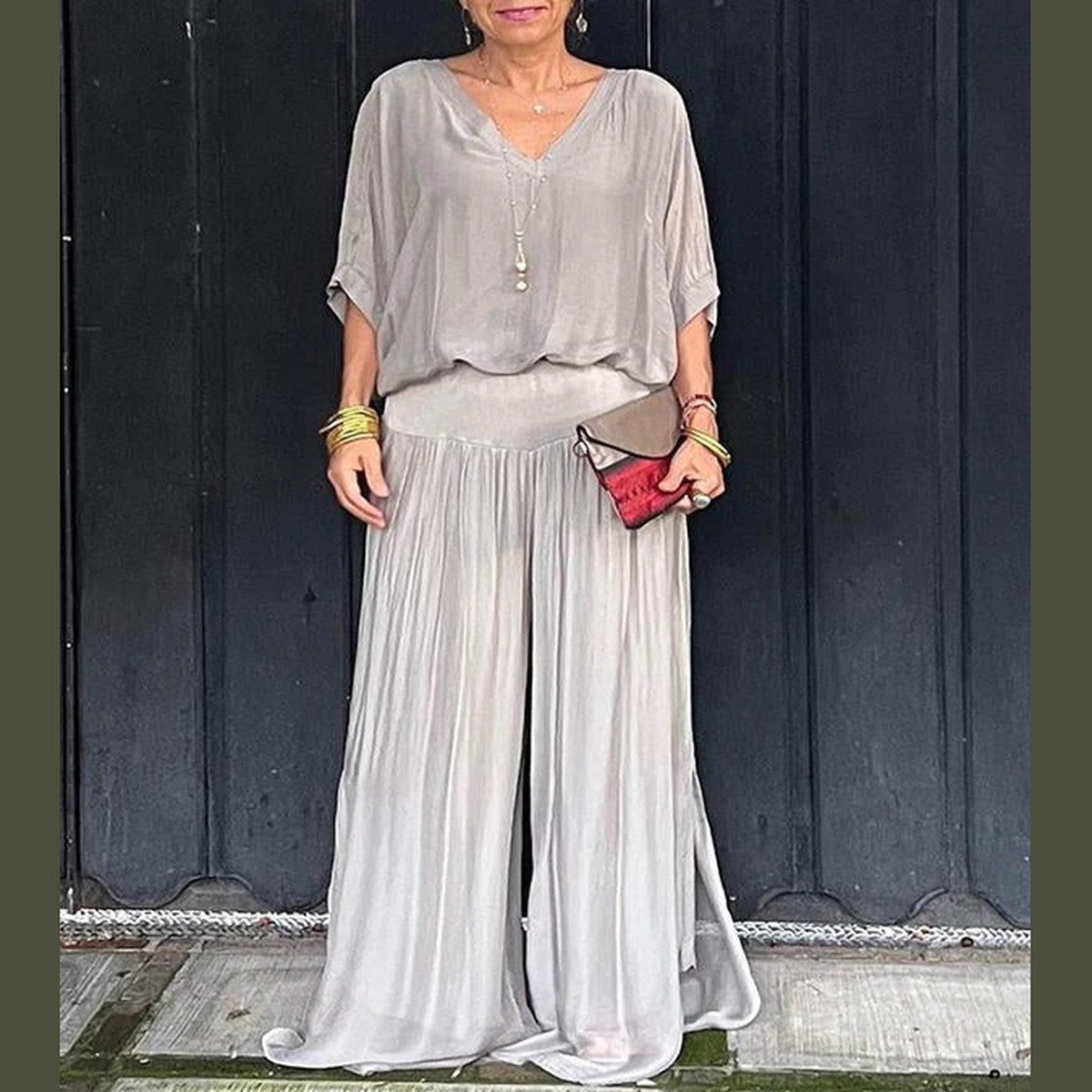 High Waist Wide Leg Chiffon Palazzo Pants with Flowy Layered Overlay