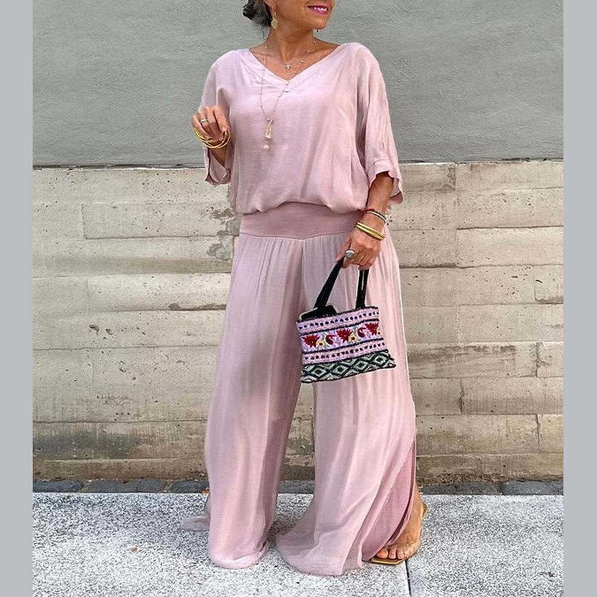 High Waist Wide Leg Chiffon Palazzo Pants with Flowy Layered Overlay