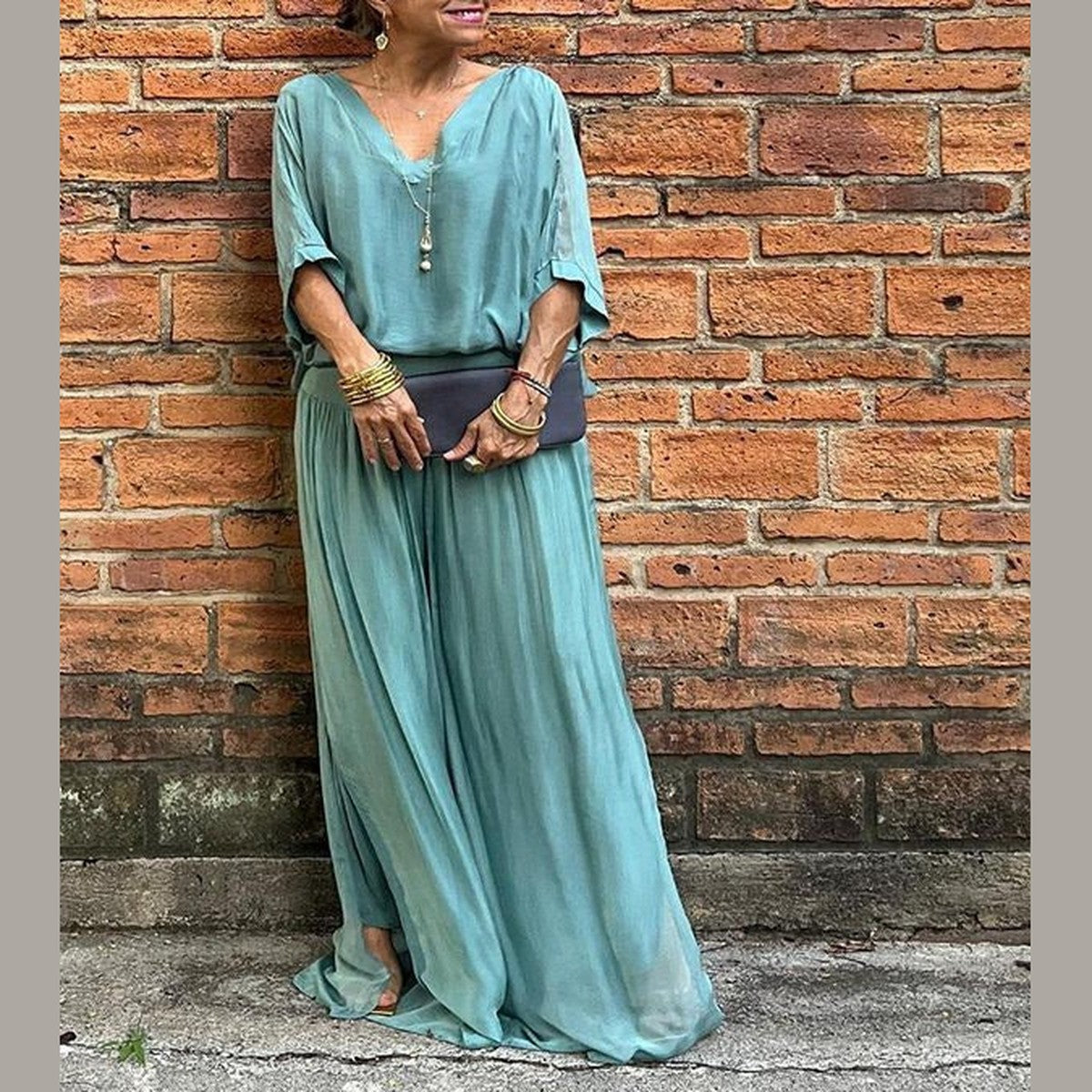 High Waist Wide Leg Chiffon Palazzo Pants with Flowy Layered Overlay