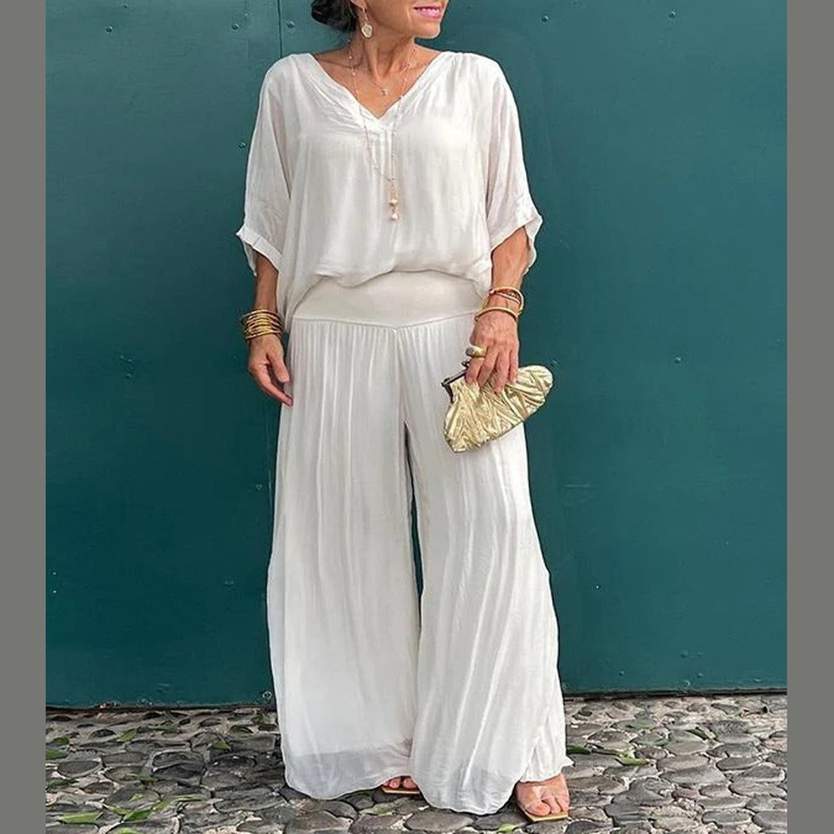 High Waist Wide Leg Chiffon Palazzo Pants with Flowy Layered Overlay