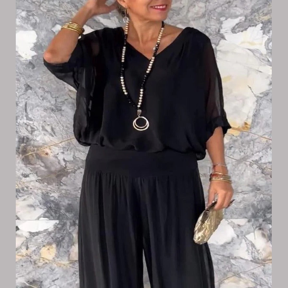 High Waist Wide Leg Chiffon Palazzo Pants with Flowy Layered Overlay