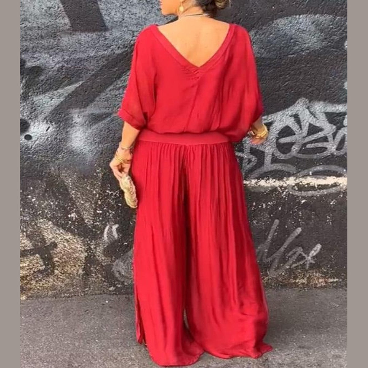 High Waist Wide Leg Chiffon Palazzo Pants with Flowy Layered Overlay