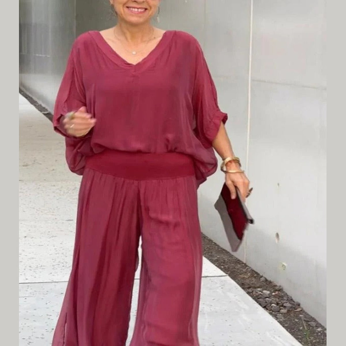 High Waist Wide Leg Chiffon Palazzo Pants with Flowy Layered Overlay
