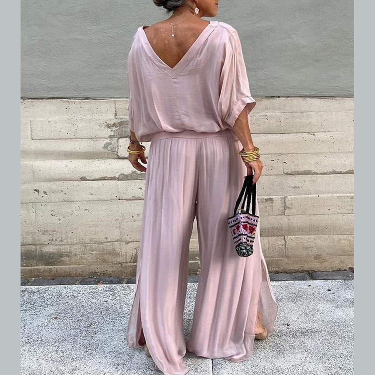 High Waist Wide Leg Chiffon Palazzo Pants with Flowy Layered Overlay