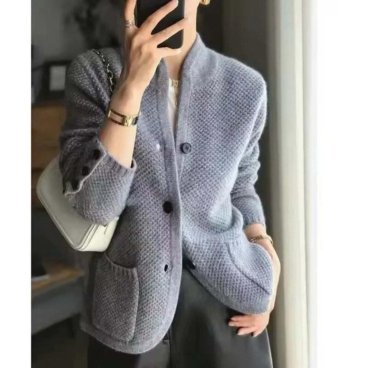 Chunky Cable Knit Cardigan Coat with Button Front Closure and Shawl Collar