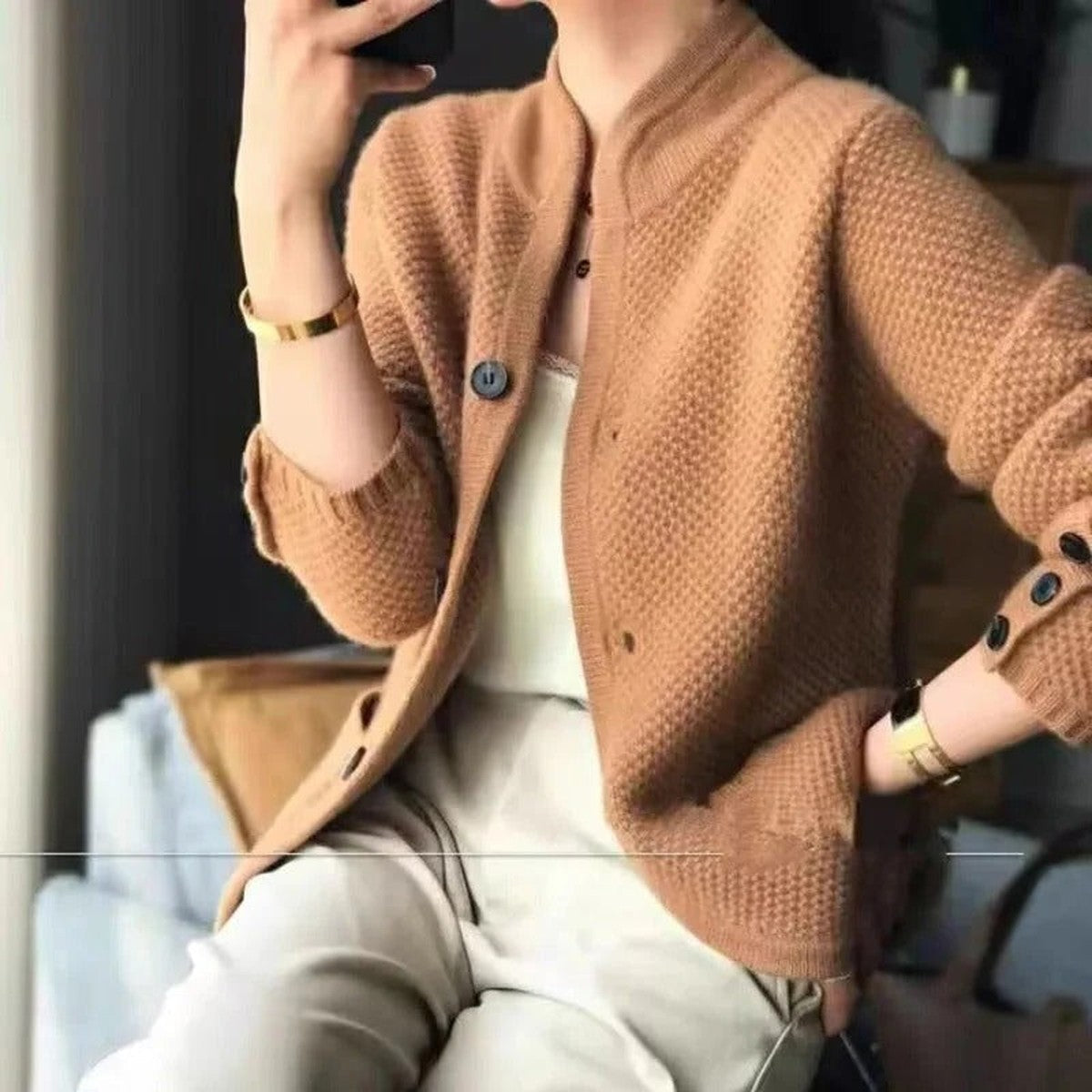 Chunky Cable Knit Cardigan Coat with Button Front Closure and Shawl Collar