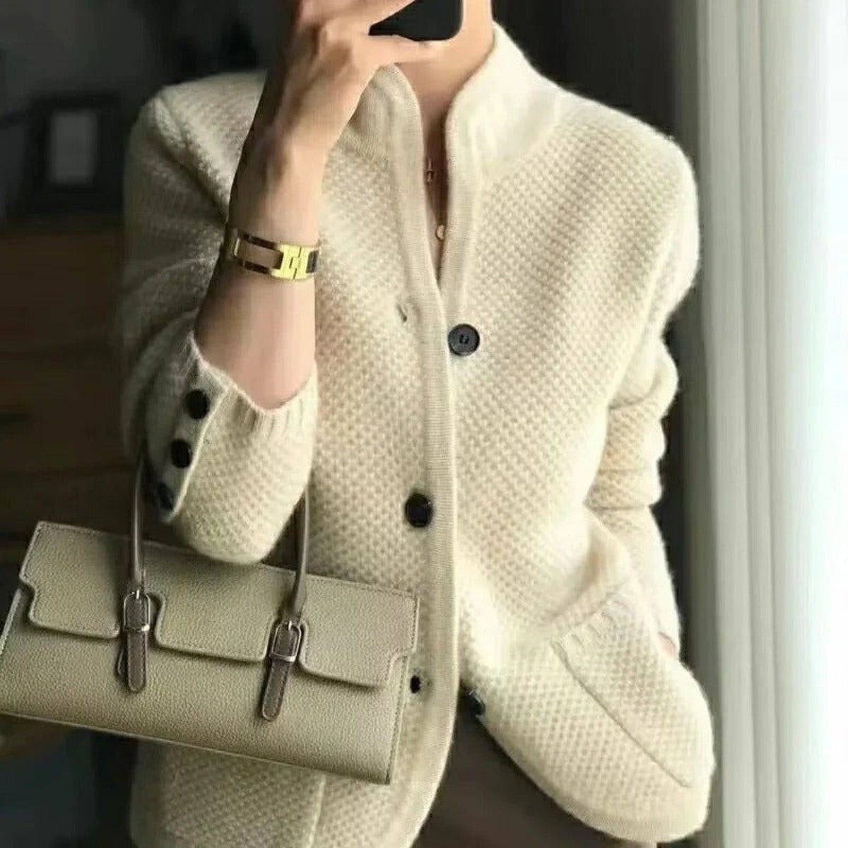 Chunky Cable Knit Cardigan Coat with Button Front Closure and Shawl Collar