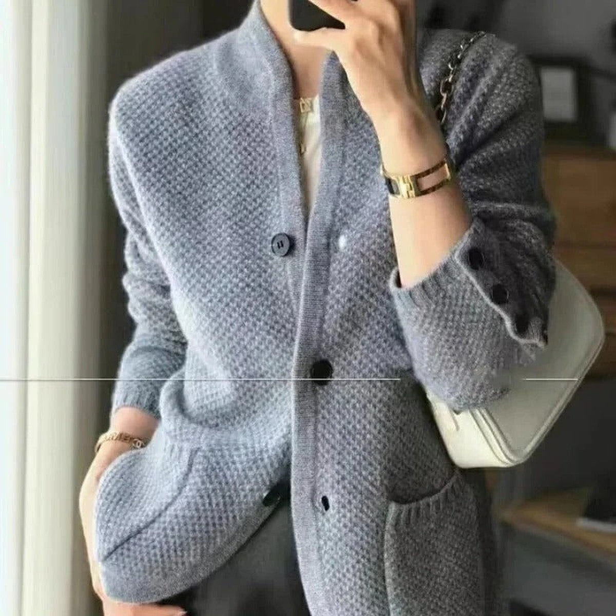 Chunky Cable Knit Cardigan Coat with Button Front Closure and Shawl Collar