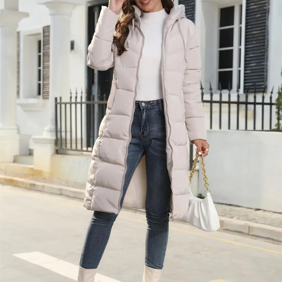 Women Long Down Puffer Parka with Removable Faux Fur Hood Trim