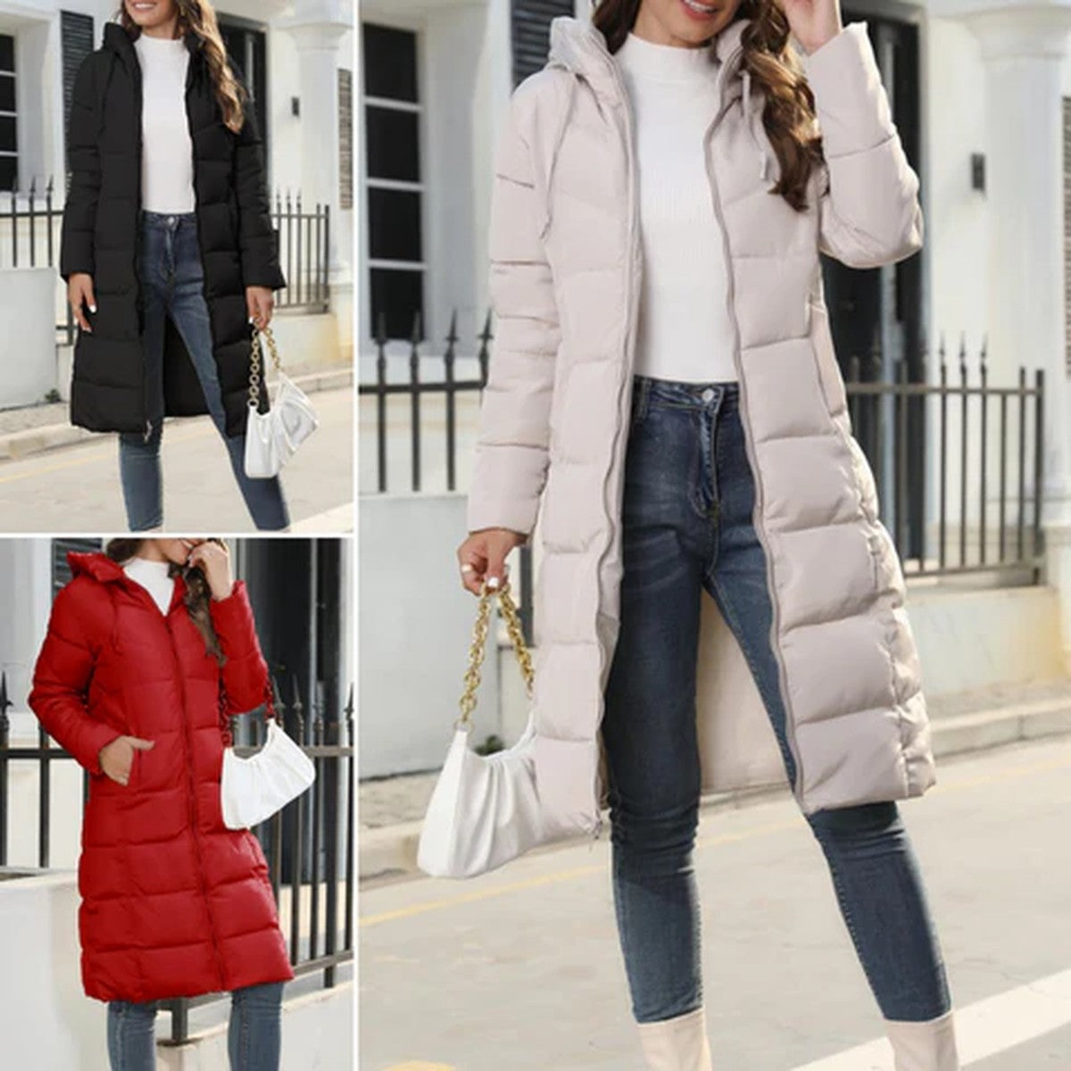 Women Long Down Puffer Parka with Removable Faux Fur Hood Trim